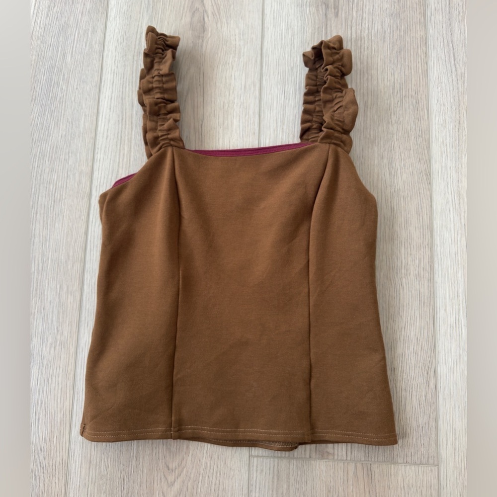Porridge by Anthropologie. Brown Ruffled Strap Women's Top.